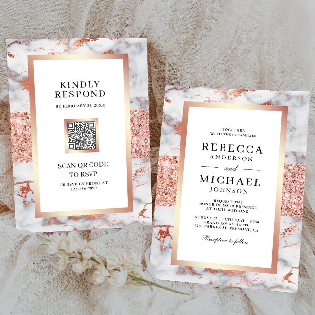 Invitation Rose Gold Blanc Marbre Tout en Un Code QR Mariage (Créateur téléchargé)