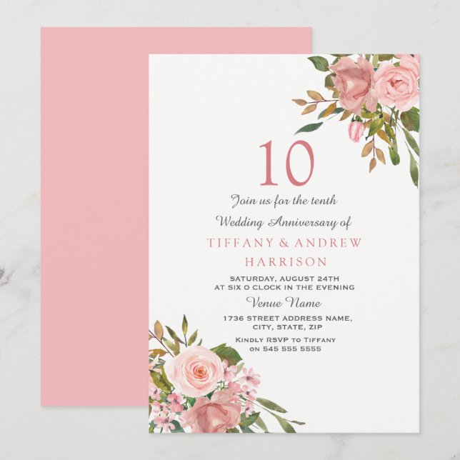 Invitation Rose Gold Blanc Noces de Diamant 10 Ans (Devant / Derrière)