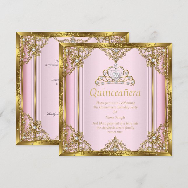 Invitation Rose Gold Blanc Perle Princesse Quinceanera 3 (Devant / Derrière)