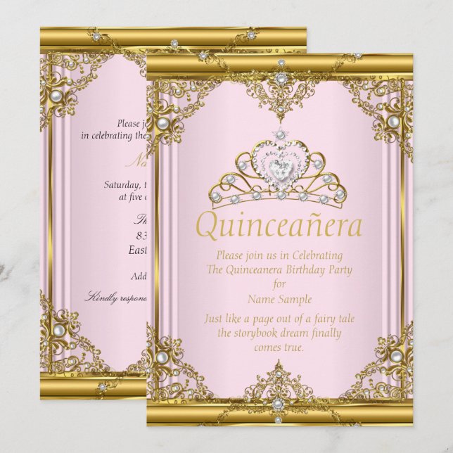 Invitation Rose Gold Blanc Perle Princesse Quinceanera Blush (Devant / Derrière)
