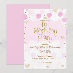 Invitation Rose Gold Blanc Polka Dots & Cœurs 1er Anniversair