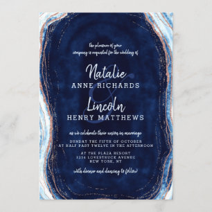 Invitation Rose Gold Bleu Saphir Géode Agate Tranche Mariage