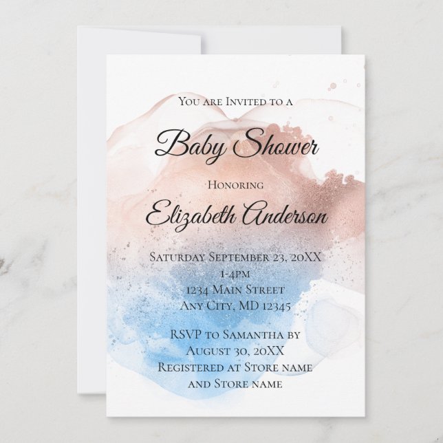 Invitation Rose Gold Bleu Splash Bébé Garçon Bébé Fille (Devant)