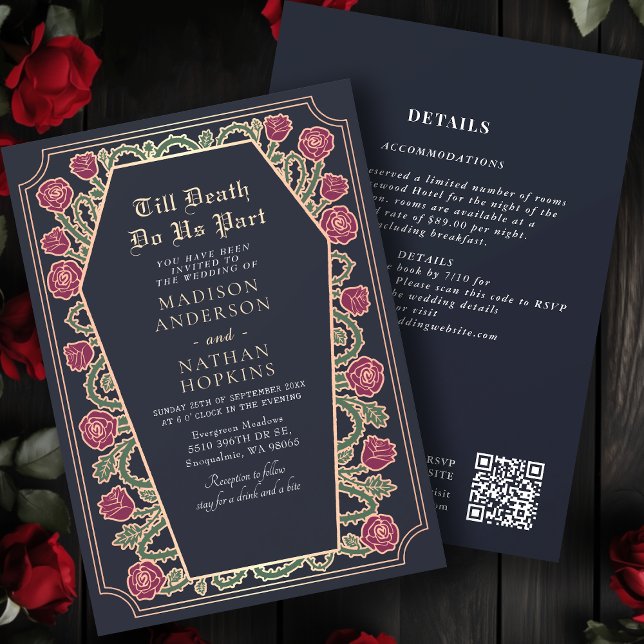 Invitation Rose Gold Blue gothique Mariage de café QR Code (Créateur téléchargé)
