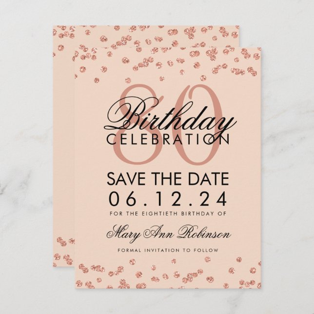 Invitation Rose Gold Blush 80th Birthday Save Date Confetti (Devant / Derrière)