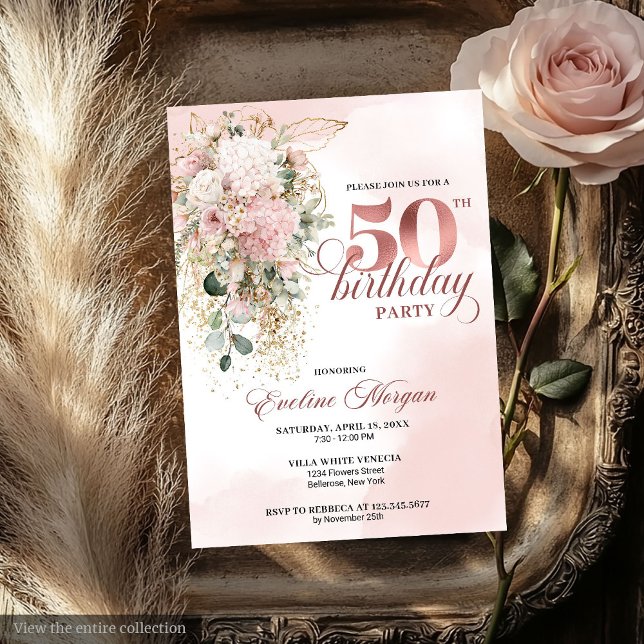 Invitation Rose Gold Blush Floral Watercolor 50th Birthday  (Rose Gold Blush Floral Watercolor 50th Birthday Invite)