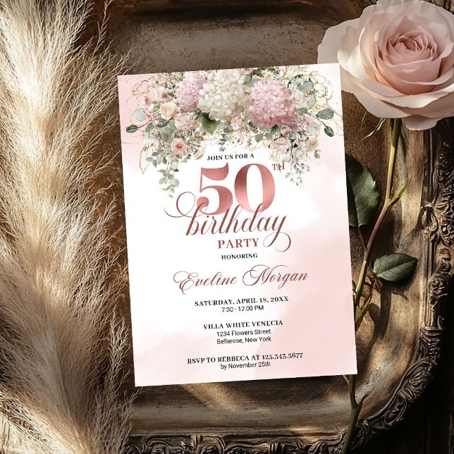 Invitation Rose Gold Blush Garden Floral 50th Birthday Invite (Rose Gold Blush Garden Floral 50th Birthday Invitation)