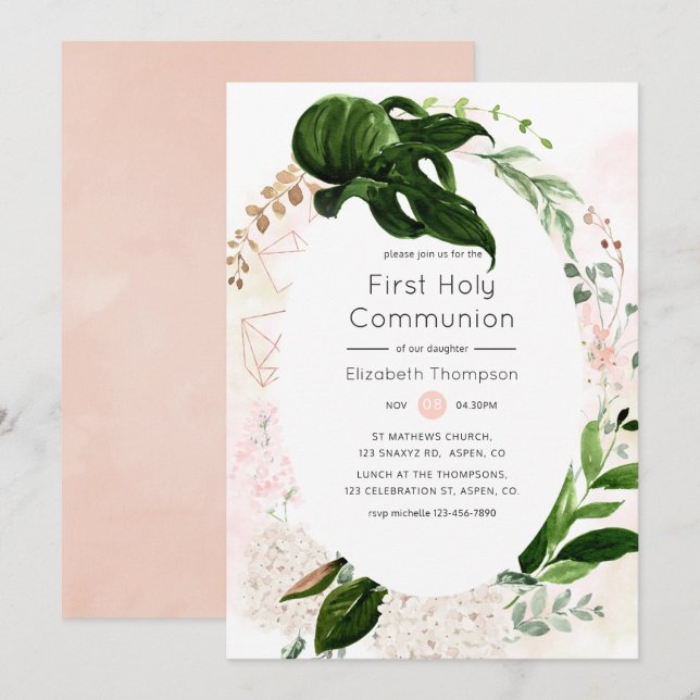 Invitation Rose Gold Blush Geometric Greenery Première Commun (Devant / Derrière)