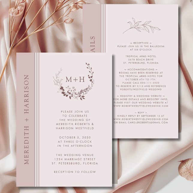 Invitation Rose Gold Blush Monogram Tout en Un Mariage (Rose Gold Blush Monogram Wreath All in One with Details Wedding Invitation)
