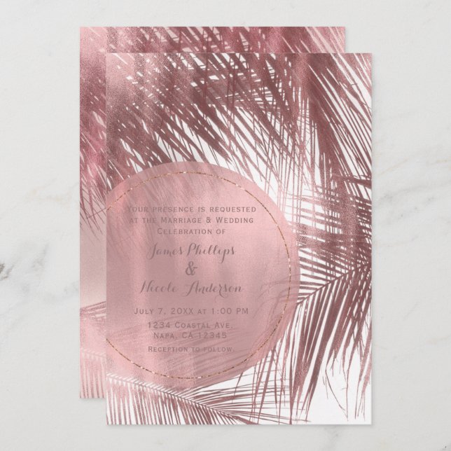 Invitation Rose Gold Blush Palm rose Arbres Tropical Mariage (Devant / Derrière)