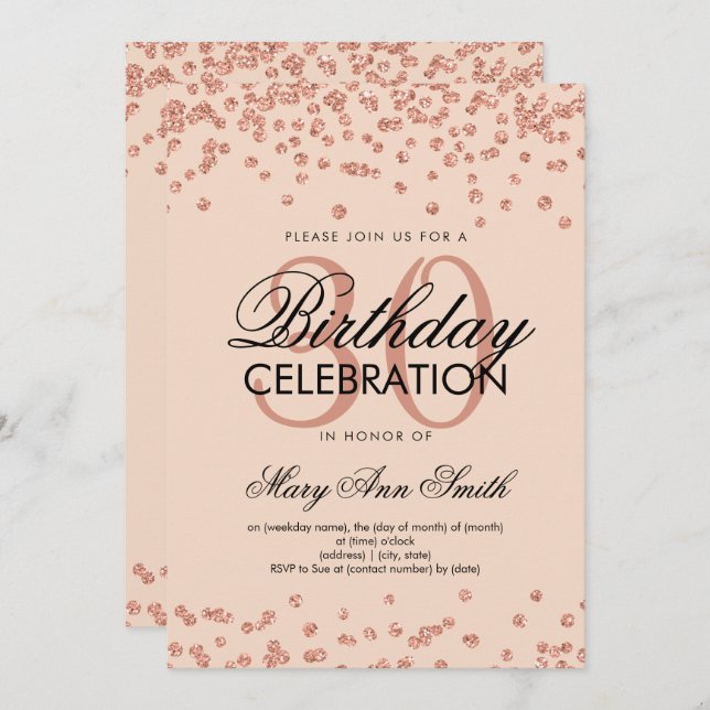 Invitation Rose Gold Blush Parties scintillant Confetti 30e a (Devant / Derrière)