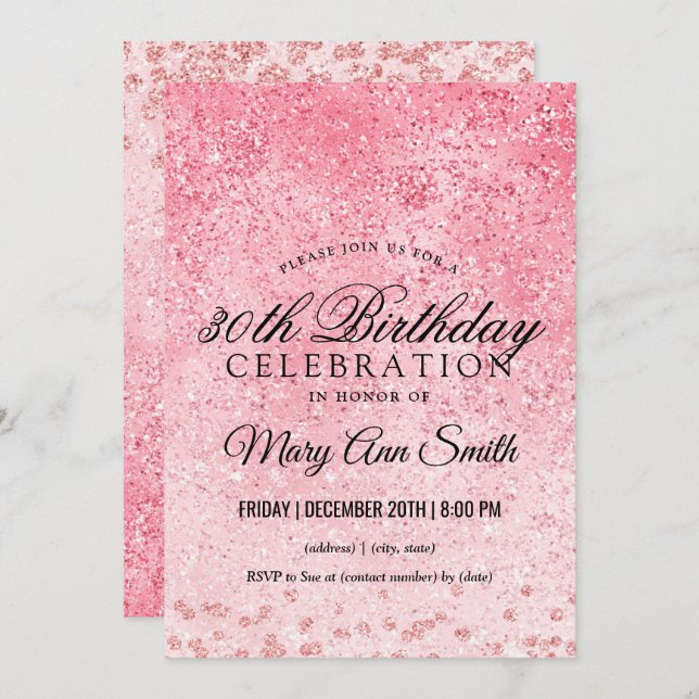 Invitation Rose Gold Blush Parties scintillant Glam 30e anniv (Devant / Derrière)