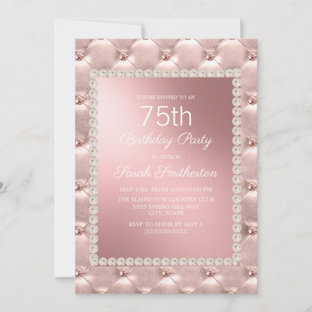 Invitation Rose Gold Blush Pink Blanc 75e fête d'anniversaire (Devant)