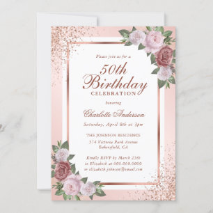 Invitation Rose Gold Blush Pink Confetti Floral 50e Anniversa