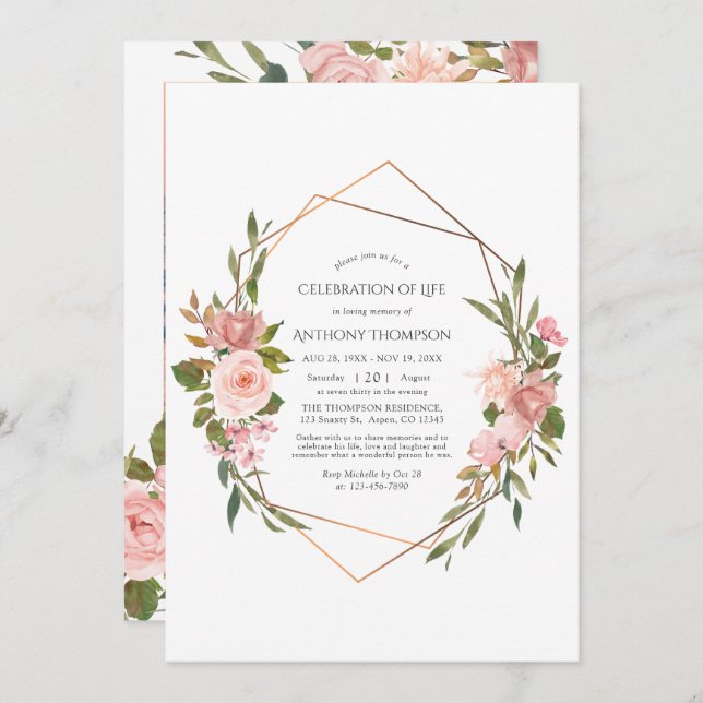 Invitation Rose Gold & Blush Pink Floral Célébration de la vi (Devant / Derrière)