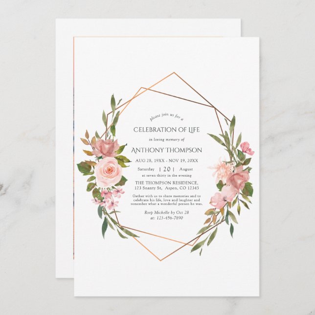 Invitation Rose Gold & Blush Pink Floral Célébration de la vi (Devant / Derrière)