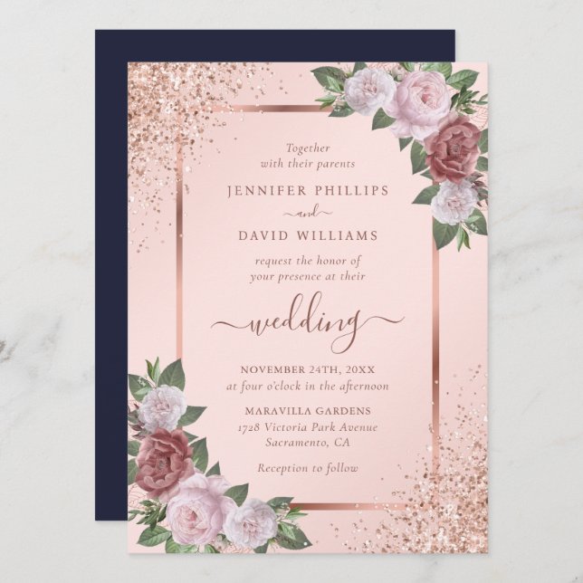 Invitation Rose Gold Blush Pink Navy Blue Floral Mariage (Devant / Derrière)