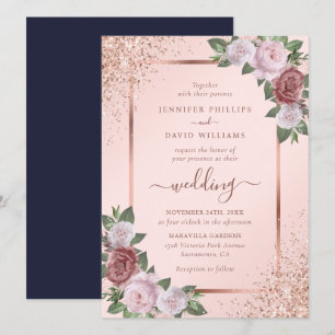 Invitation Rose Gold Blush Pink Navy Blue Floral Mariage