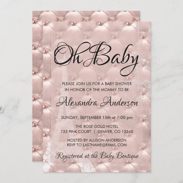 Invitation Rose Gold Blush Pink Paris Oh Baby shower (Devant / Derrière)