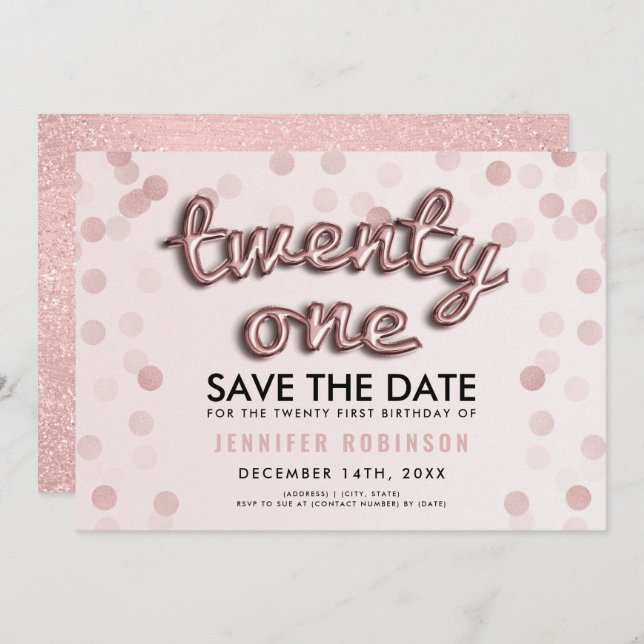 Invitation Rose Gold Blush Pink Parties scintillant 21e anniv (Devant / Derrière)