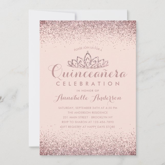 Invitation Rose Gold Blush Quinceañera Gold Tiara Parties sci (Devant)