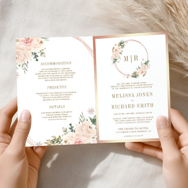 Invitation Rose Gold Blush Rose Florale Code QR Mariage (Créateur téléchargé)