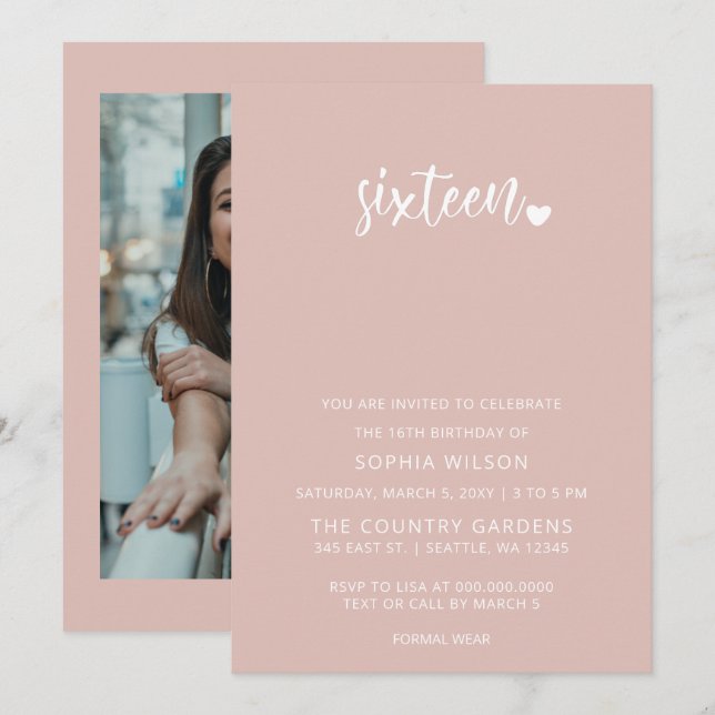 Invitation Rose Gold Blush Script Sweet 16 Anniversaire Photo (Devant / Derrière)