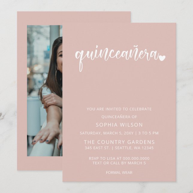 Invitation Rose Gold Blush Simple Script Quinceanera Photo (Devant / Derrière)