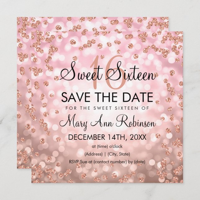 Invitation Rose Gold Blush Sweet 16 Seize Parties scintillant (Devant / Derrière)