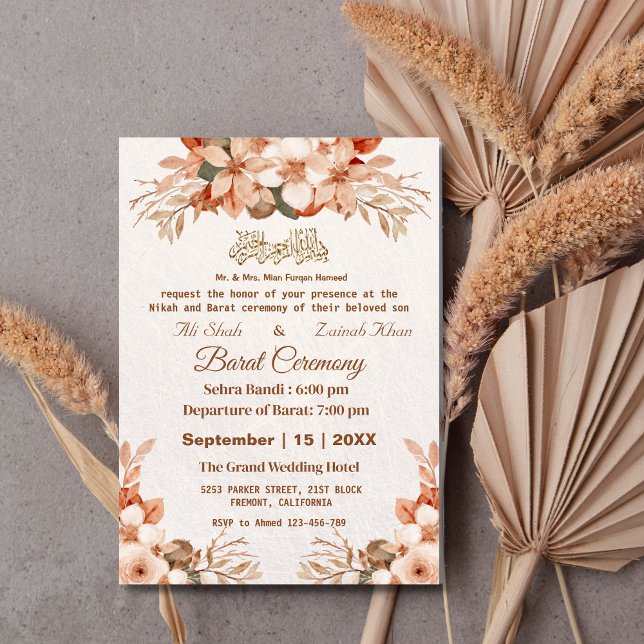 Invitation Rose Gold Boho Floral Mariage pakistanais (Créateur téléchargé)