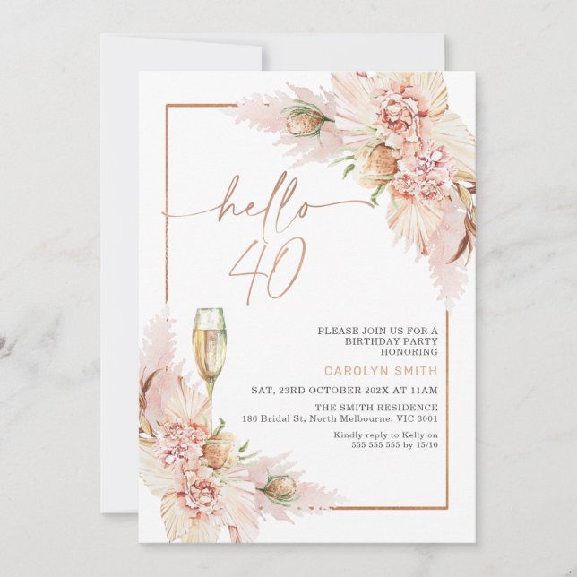 Invitation Rose Gold Boho sec Floral 40e anniversaire (Devant)