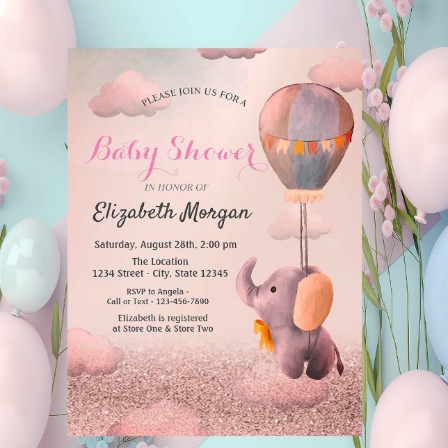 Invitation Rose Gold Bokeh, Baby Elephant Baby shower de ball (Créateur téléchargé)