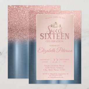Invitation Rose Gold Bokeh Ombré, Diadème Bleu Sweet 16 Fête