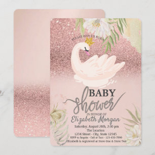 Invitation Rose Gold Bokeh, Swan Boho Flowers Baby shower