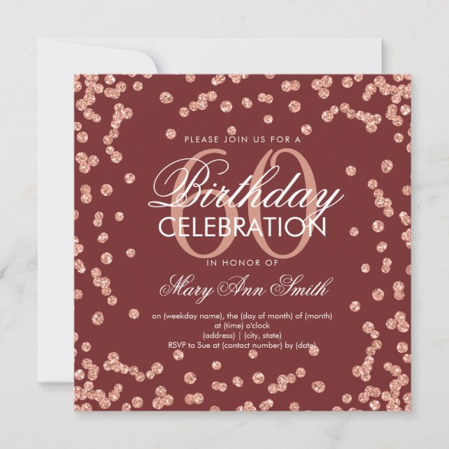 Invitation Rose Gold Bourgogne 60e anniversaire Parties scint (Devant)