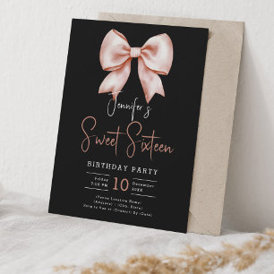 Invitation Rose Gold Bow Coquette Script Sweet 16 Party Noir