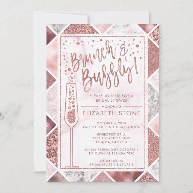 Invitation Rose Gold Brunch et Bubbly Invitation, Marbre (Devant)
