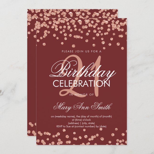 Invitation Rose Gold Burgundy Parties scintillant Confetti 21 (Devant / Derrière)