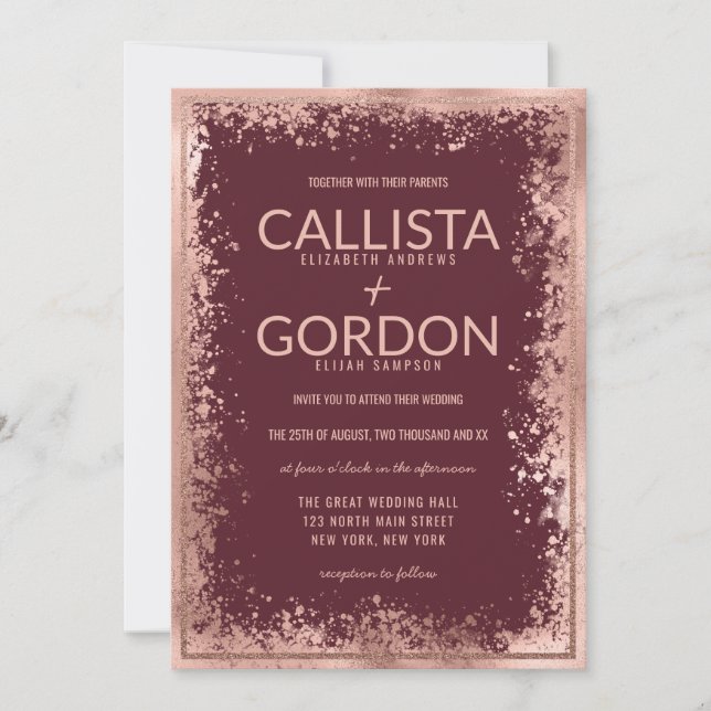 Invitation Rose Gold Burgundy Parties scintillant Mariage fro (Devant)