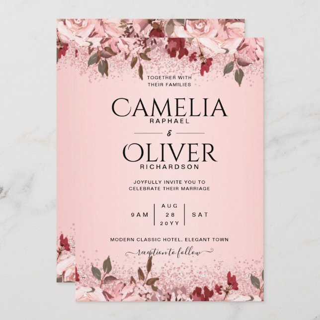 Invitation Rose Gold Burgundy Rose Floral Mariage Invite (Devant / Derrière)