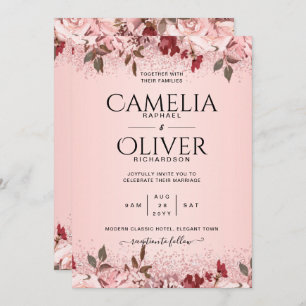 Invitation Rose Gold Burgundy Rose Floral Mariage Invite