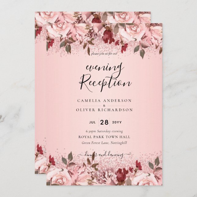 Invitation Rose Gold Burgundy Rose Floral Mariage Invite (Devant / Derrière)