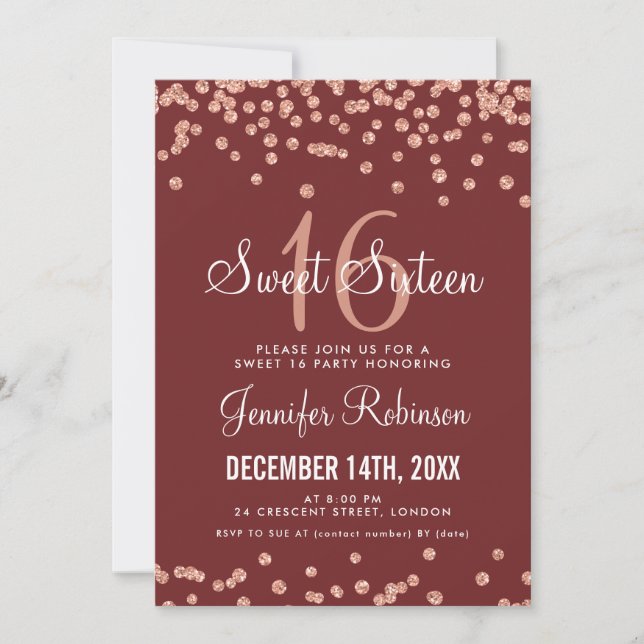Invitation Rose Gold Burgundy Sweet 16 Parties scintillant Co (Devant)