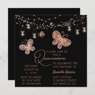 Invitation Rose Gold Butterfly Chic Modern Quinceañera