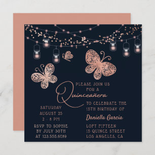 Invitation Rose Gold Butterfly Chic Modern Quinceañera