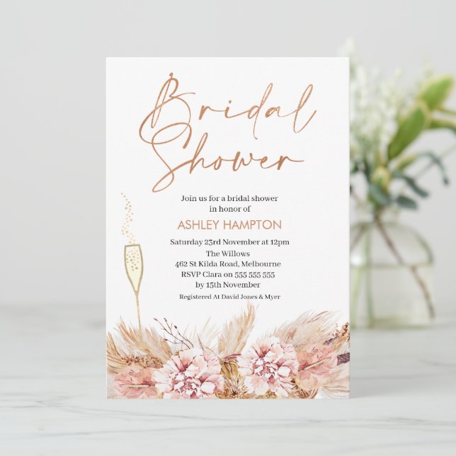 Invitation Rose Gold Calligraphie Boho Pampas Fête des mariée (Debout devant)