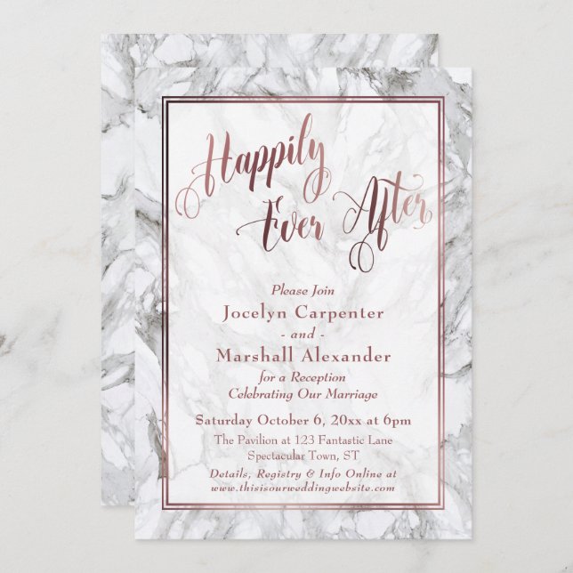 Invitation Rose Gold Calligraphie Happily Ever After Marbre (Devant / Derrière)