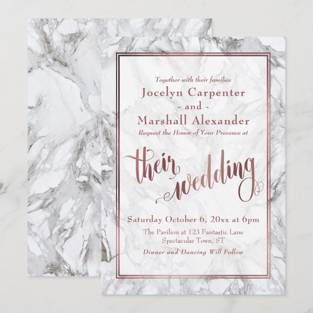 Invitation Rose Gold Calligraphie Leur Mariage Marbre (Devant / Derrière)