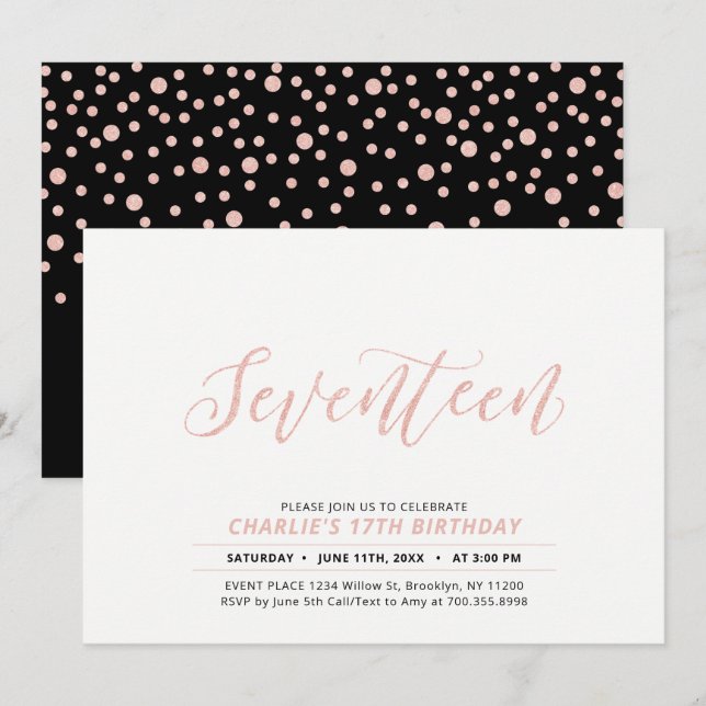 Invitation Rose Gold Calligraphie Moderne Fête des 17 Ans (Devant / Derrière)
