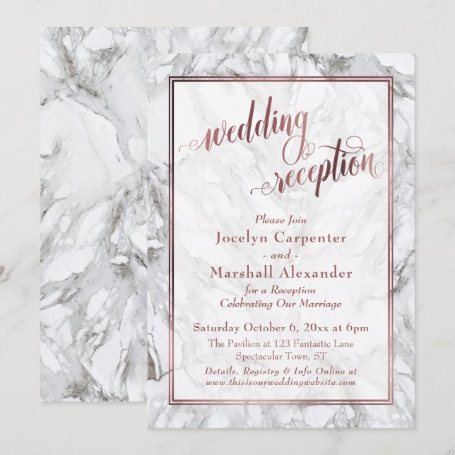 Invitation Rose Gold Calligraphie Réception de Mariage Marbre (Devant / Derrière)